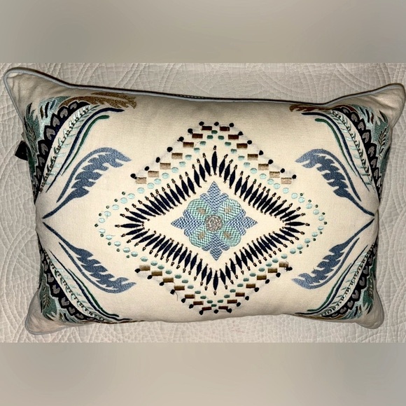 Creative Co-Op Cream Blue Embroidered Pillow with gingham detail on back - Picture 1 of 5